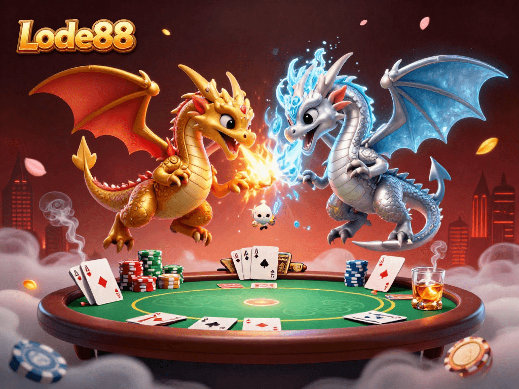 Lode88 showcases a thrilling poker scene with mythical dragons and vibrant casino elements.