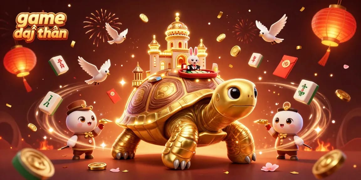 Engage in thrilling game đổi thưởng at a vibrant casino scene featuring a golden tortoise and fun game elements.