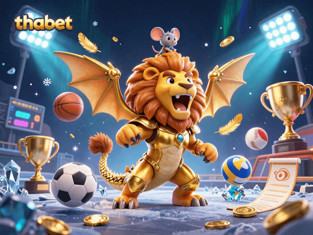 Engage with thrilling gameplay at thabet's dynamic casino, featuring a roaring chimera and sports elements.