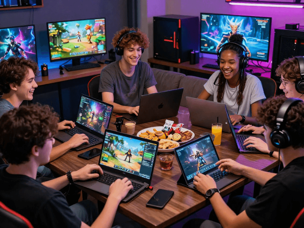 Engaging scene of players enjoying game porn on various devices in a lively atmosphere
