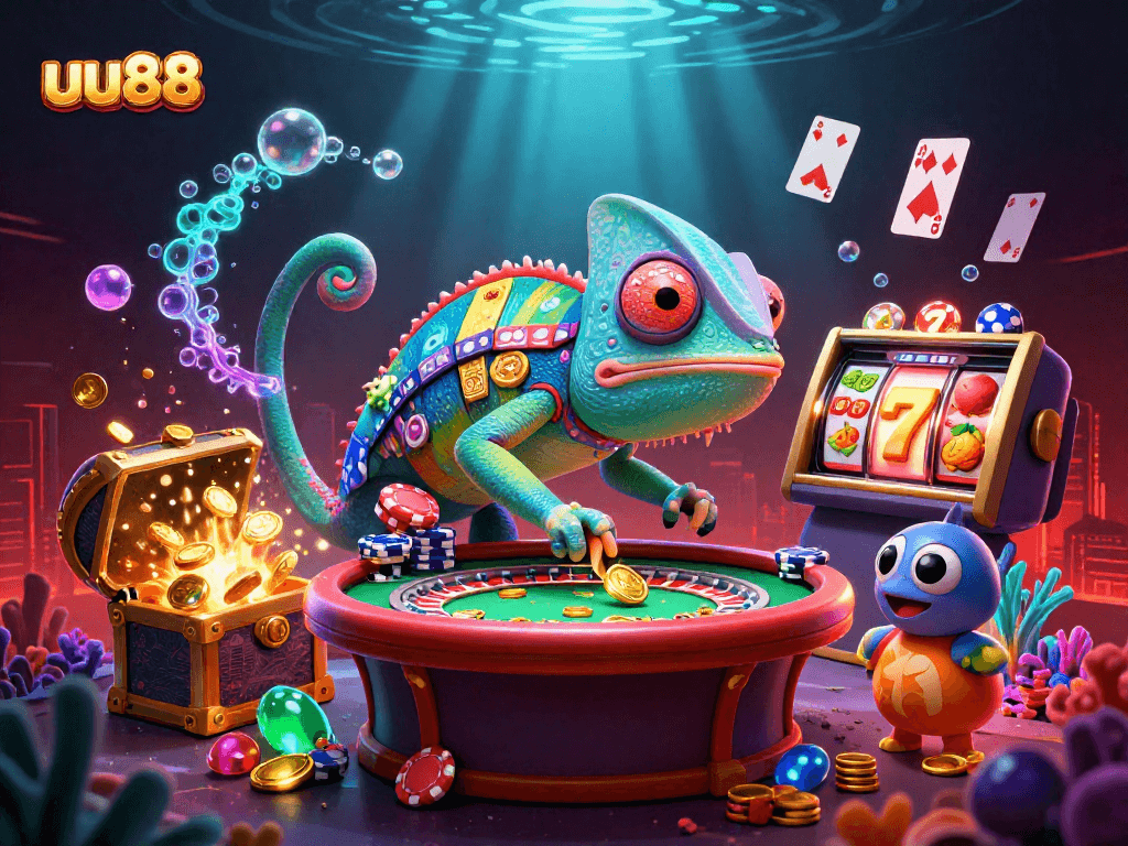 uu88 engages in interactive gaming with bright jackpots and vibrant chameleon mascot
