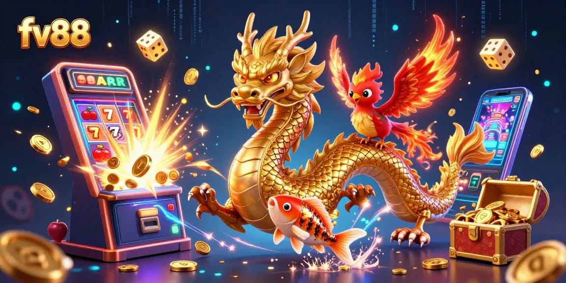 Spin the jackpot at fv88 with a golden dragon and phoenix amidst a vibrant casino scene.