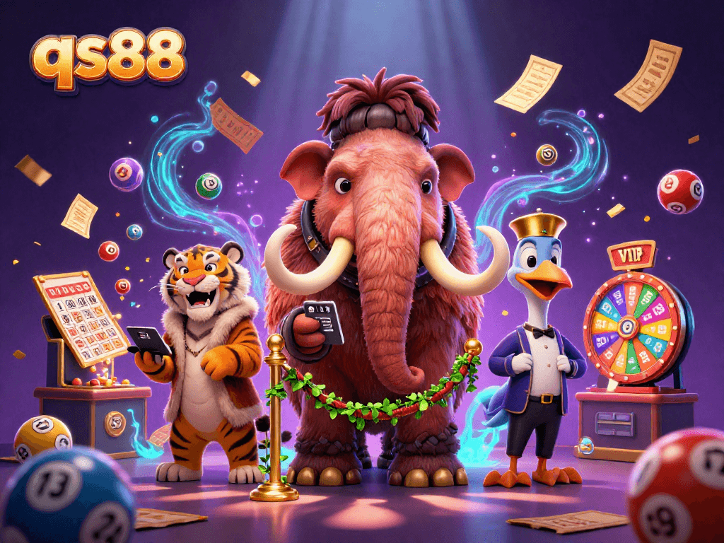 Join the exciting world of qs88 with a woolly mammoth bouncer and a saber-tooth tiger in a vibrant casino scene.
