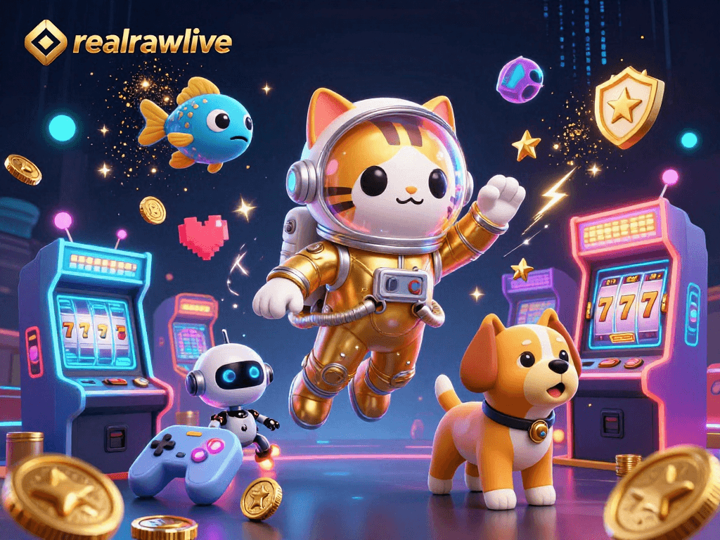 Join the fun at realrawlive with this vibrant casino-themed 3D scene featuring an astronaut cat!