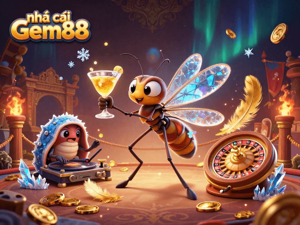 Engage in exciting gaming with nhà cái Gem88, featuring vibrant casino elements and animated characters.
