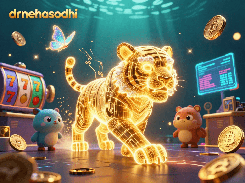 Experience the thrill of drnehasodhi with a dazzling digital casino scene filled with slot games and crypto elements.