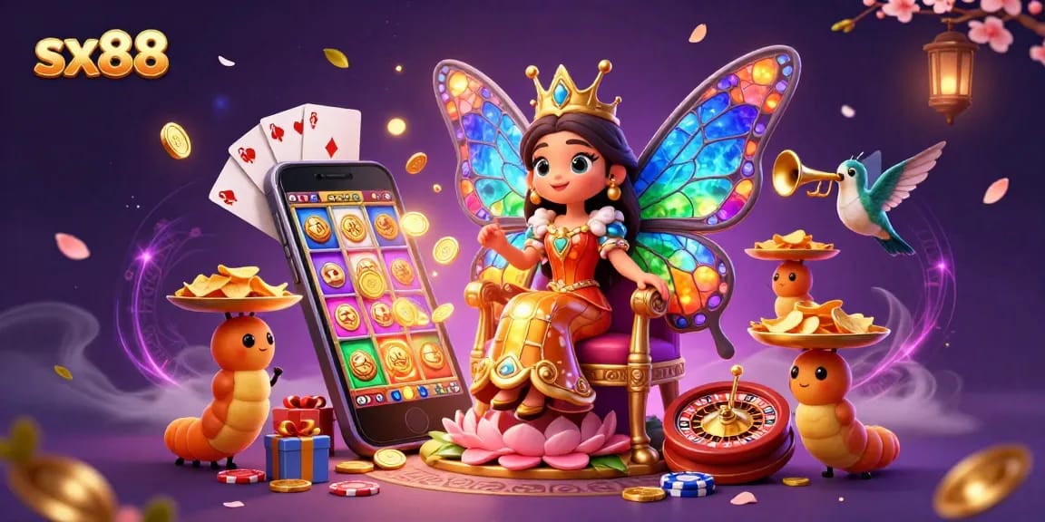 SX88 players enjoy vibrant gaming excitement with a butterfly queen in a colorful casino scene, showcasing thrilling slots.