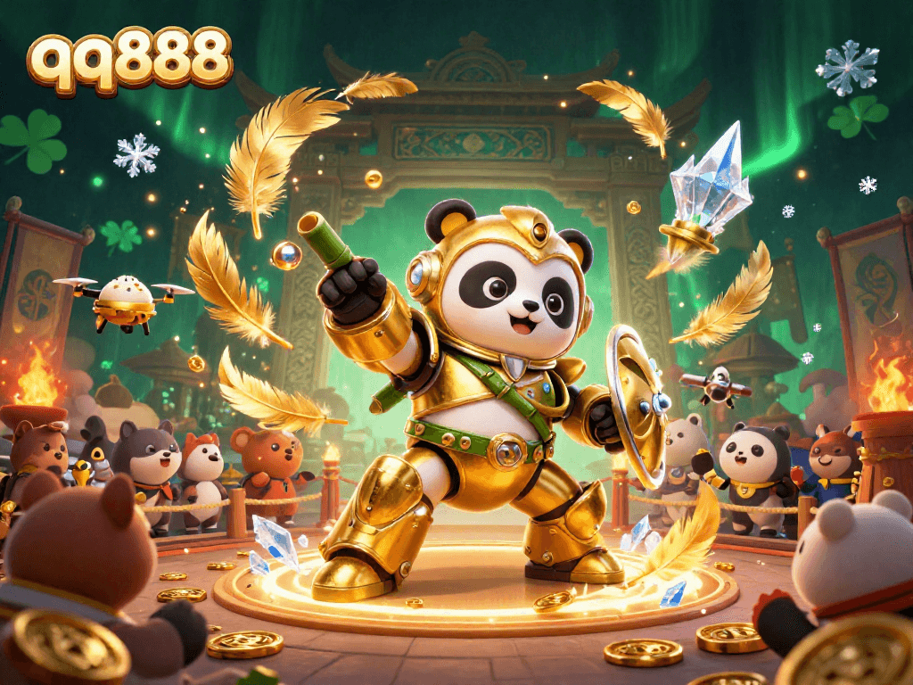 qq888 showcases an exciting mech-suit panda battling in a vibrant casino-themed arena.