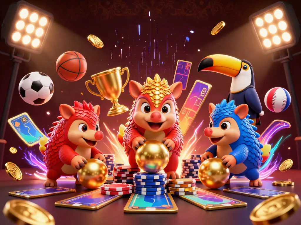 CE 88-themed 3D cartoon scene with pangolins competing, confetti, and sports elements.