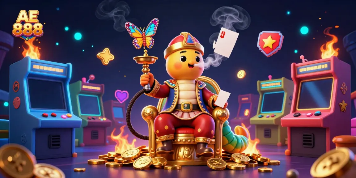 Join the excitement of AE 888 as the caterpillar hookah-master reveals poker hand symbols amidst vibrant casino elements.