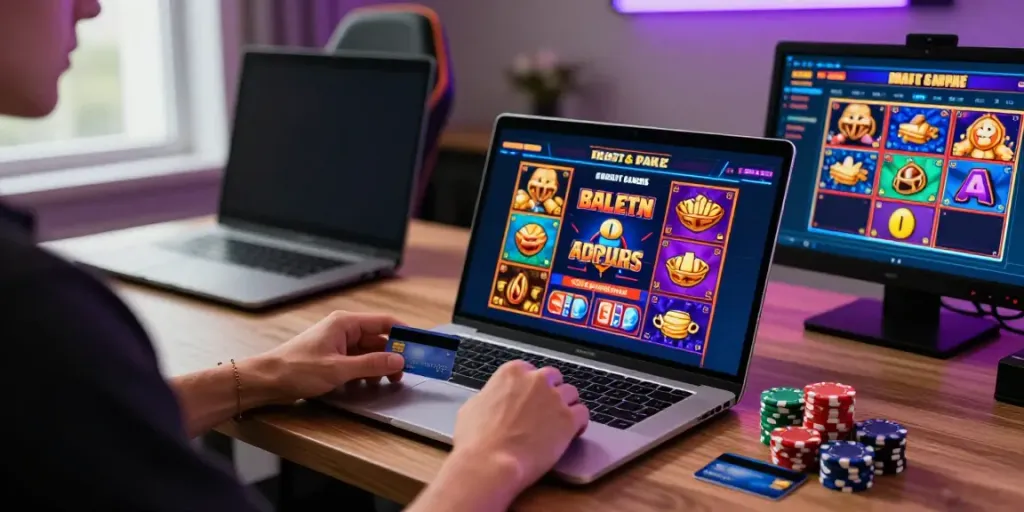 Exciting scene of a player using credit card slot sites with vibrant graphics on a laptop.