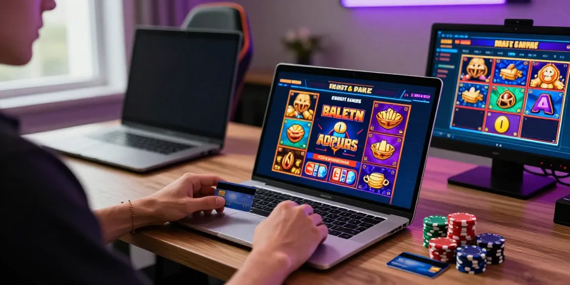 Exciting scene of a player using credit card slot sites with vibrant graphics on a laptop.