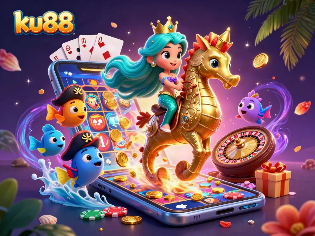 Unleash exciting wins on ku88 with a cartoon mermaid, seahorse, and casino elements.