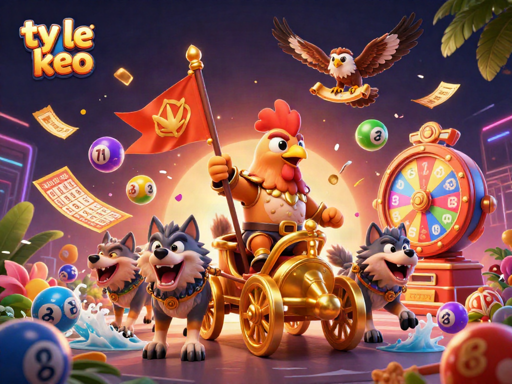 Bet on ty le keo with a vibrant 3D illustration featuring a rooster warlord and dynamic gambling elements.