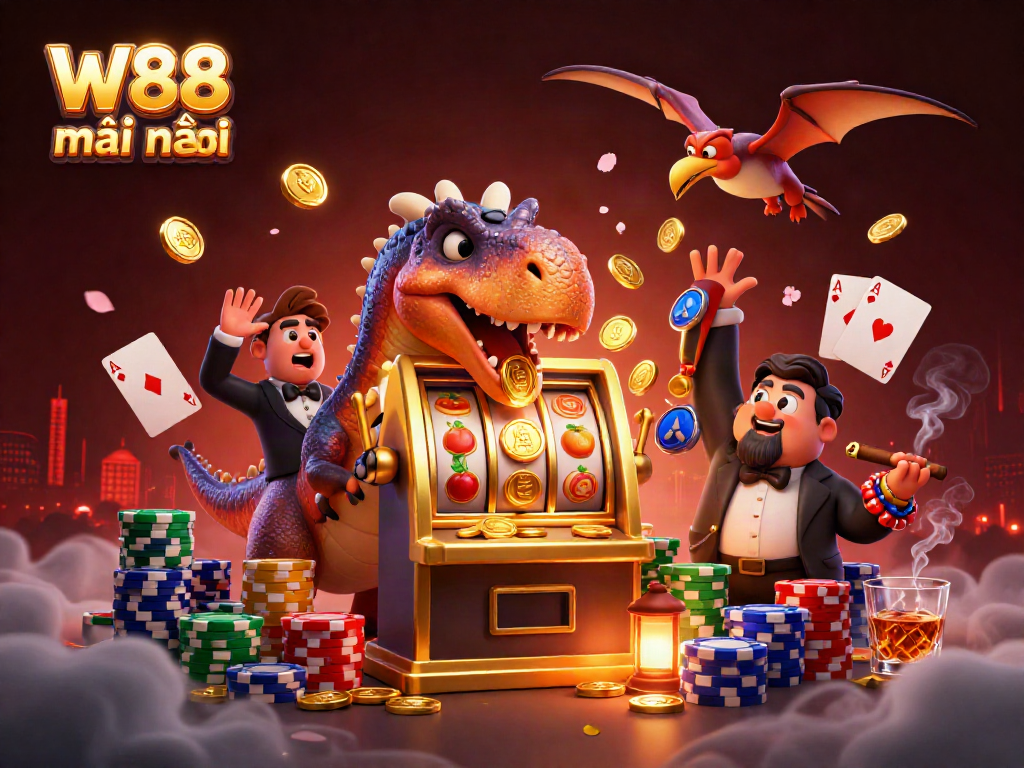 Experience the thrill of W88 mới nhất with cartoon dinosaurs in a vibrant casino scene.