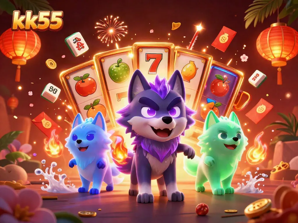 Experience thrilling slots at kk55 with a ghostly wolf pack amidst vibrant casino elements.