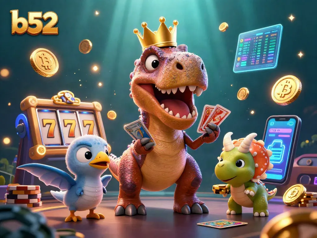 Play and win at b52 with a T-Rex shuffling cards amidst golden chips and crypto elements.