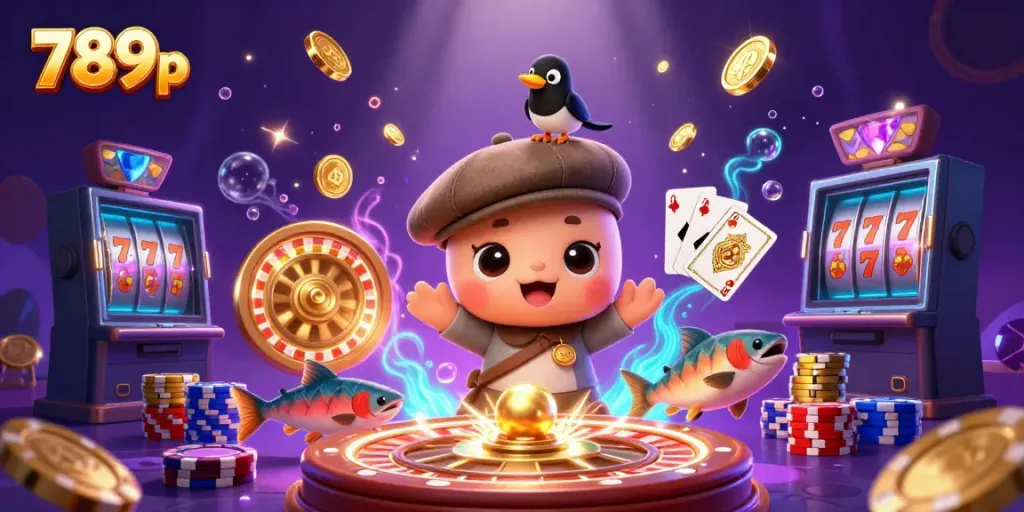 Experience the fun with 789p's vibrant gaming scene featuring cartoon characters, coins, and casino elements.