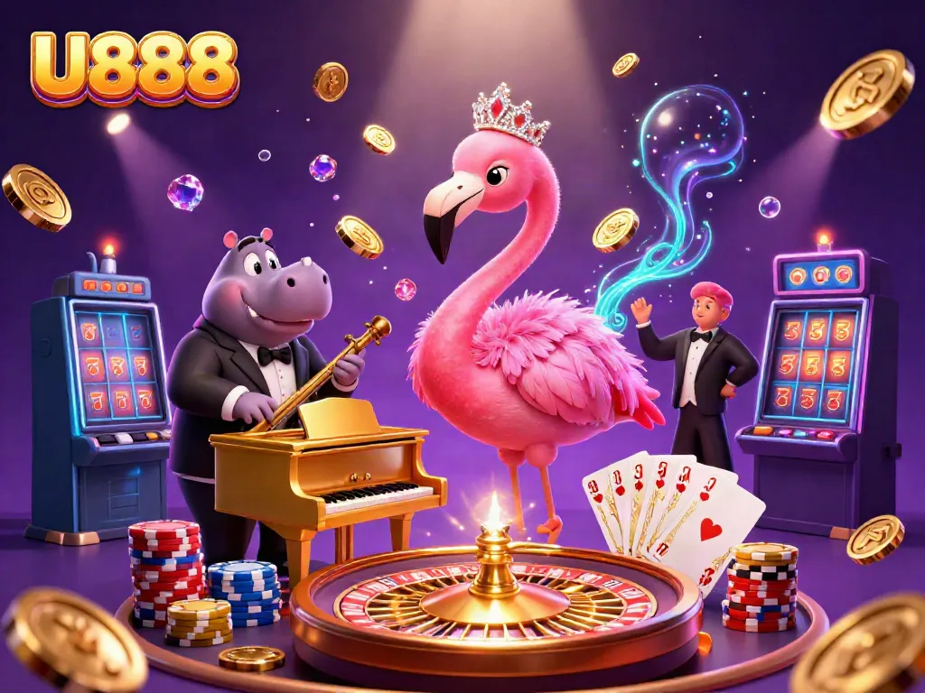 U888 casino scene showcases a glamorous flamingo singer and hippo bassist amid flying coins and action-packed slots.