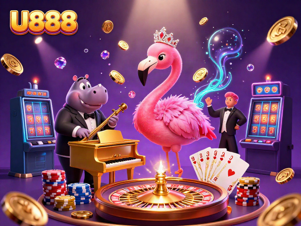 U888 casino scene showcases a glamorous flamingo singer and hippo bassist amid flying coins and action-packed slots.