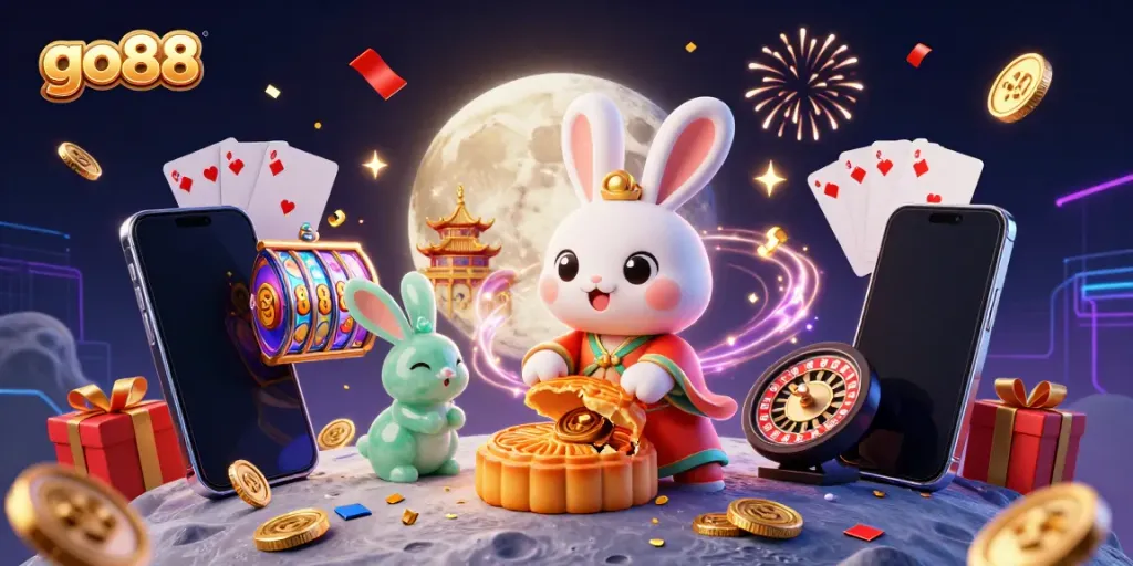Experience vibrant gaming with go88, featuring a playful moon rabbit surrounded by casino elements.