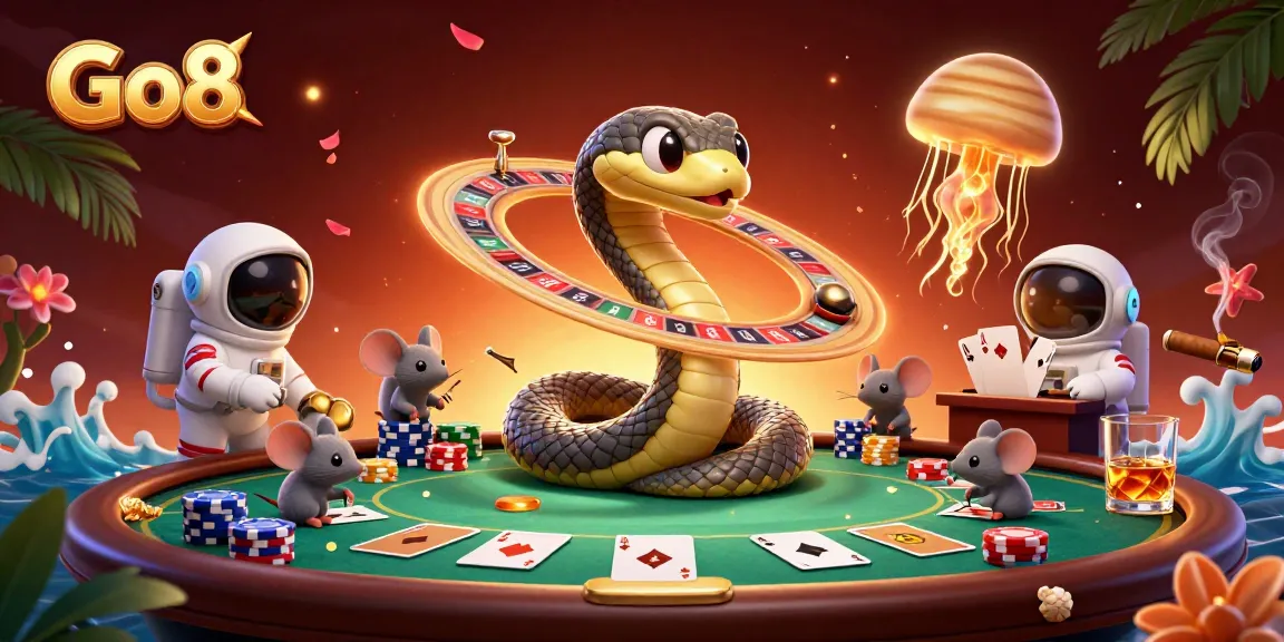 Experience the cosmic Go8 casino scene, with astronaut mice betting around a roulette planet.