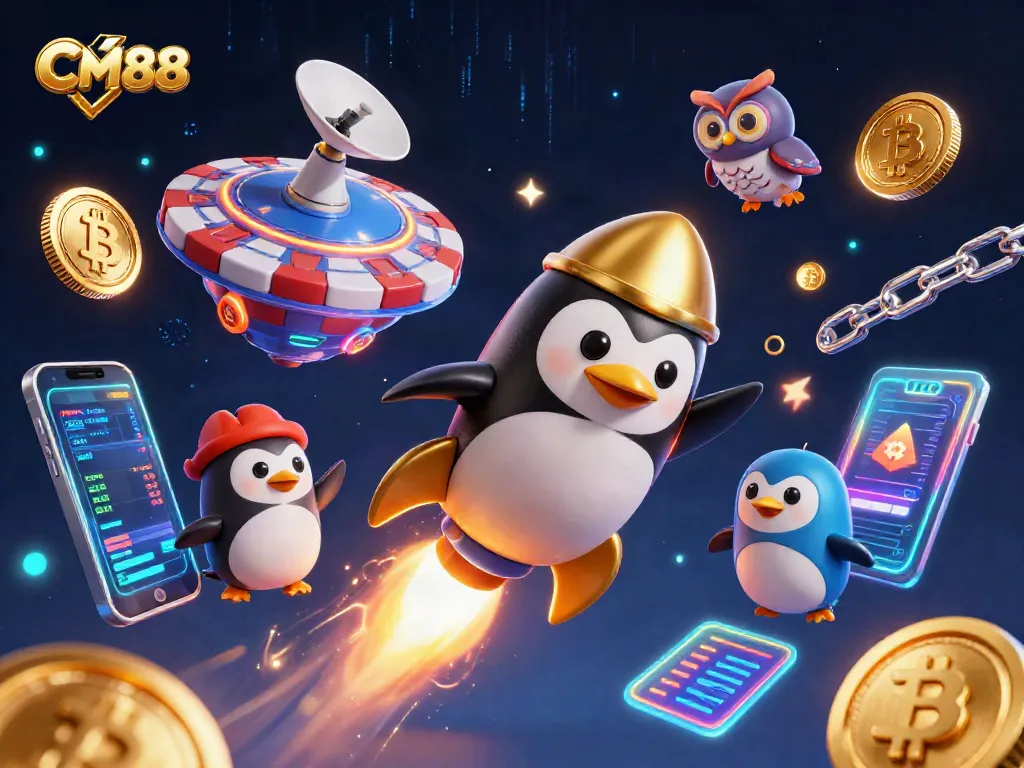 Experience thrilling gambling at CM88 with a golden penguin soaring towards a casino in space.