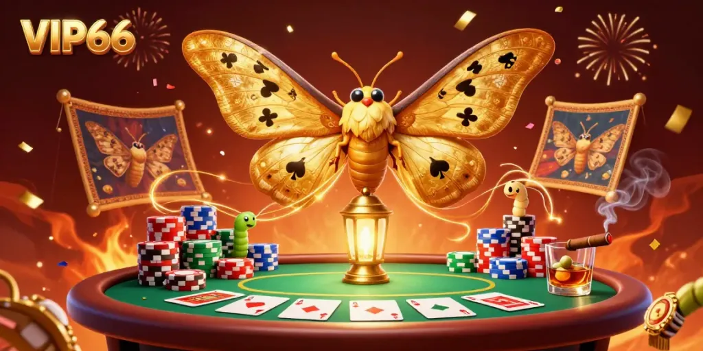 Experience the excitement of VIP66 Casino with a vibrant 3D scene featuring a golden atlas moth amidst poker elements.