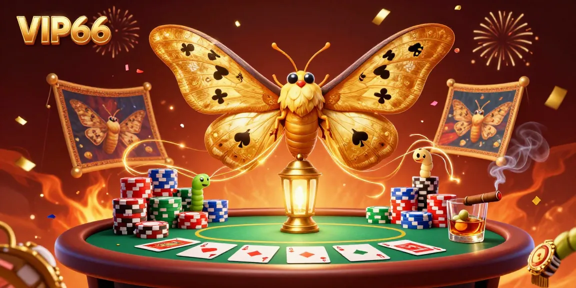 Experience the excitement of VIP66 Casino with a vibrant 3D scene featuring a golden atlas moth amidst poker elements.