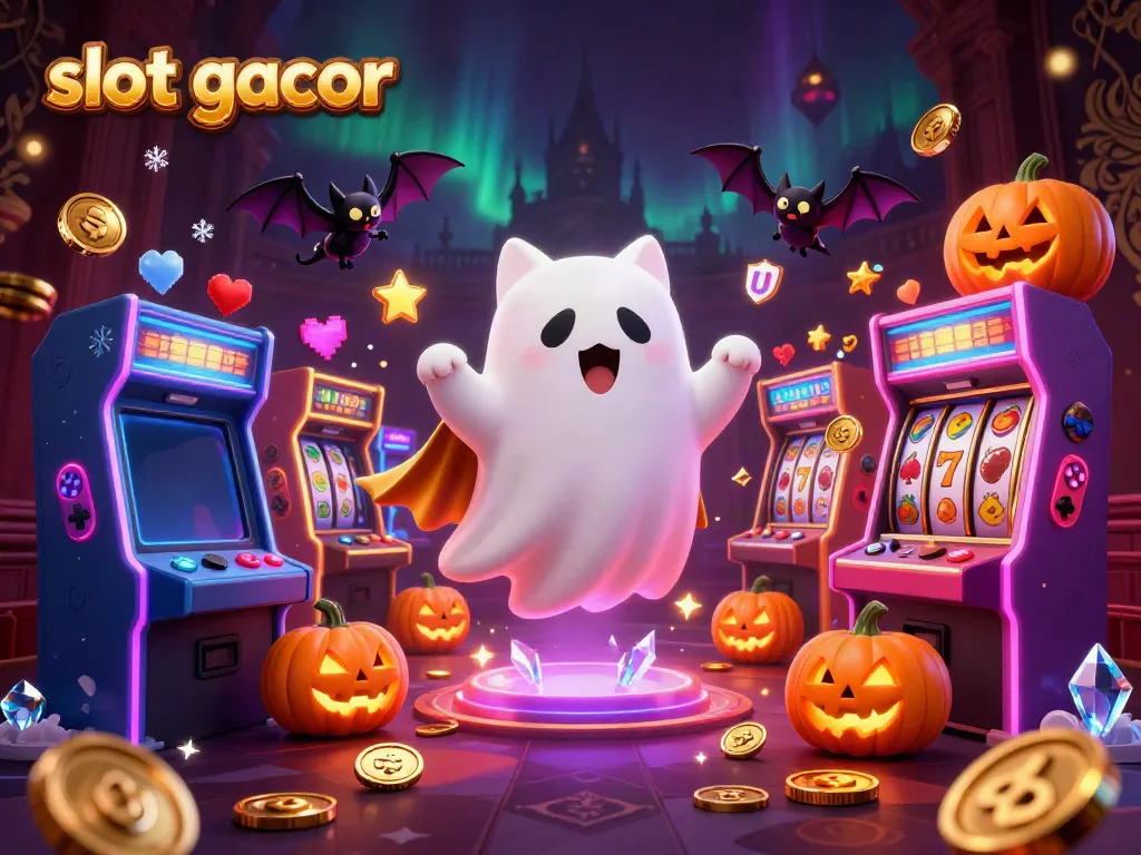 Engage in the thrilling world of slot gacor with a ghost cat, vampire bat, and glowing jack-o-lanterns in a vibrant casino.