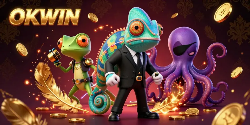Engage with OKWIN's immersive online casino experience featuring a vibrant animated scene with a secret agent chameleon and tech genius companions.