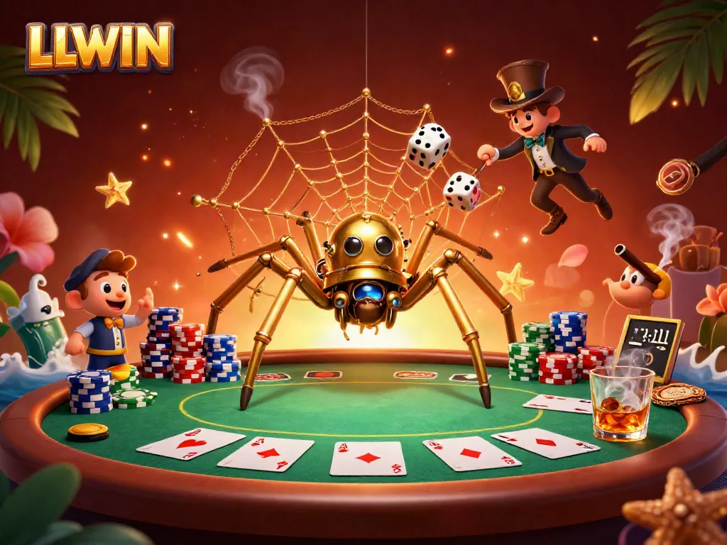 LLWIN creates excitement in a steampunk-themed casino scene with a golden spider and poker elements.