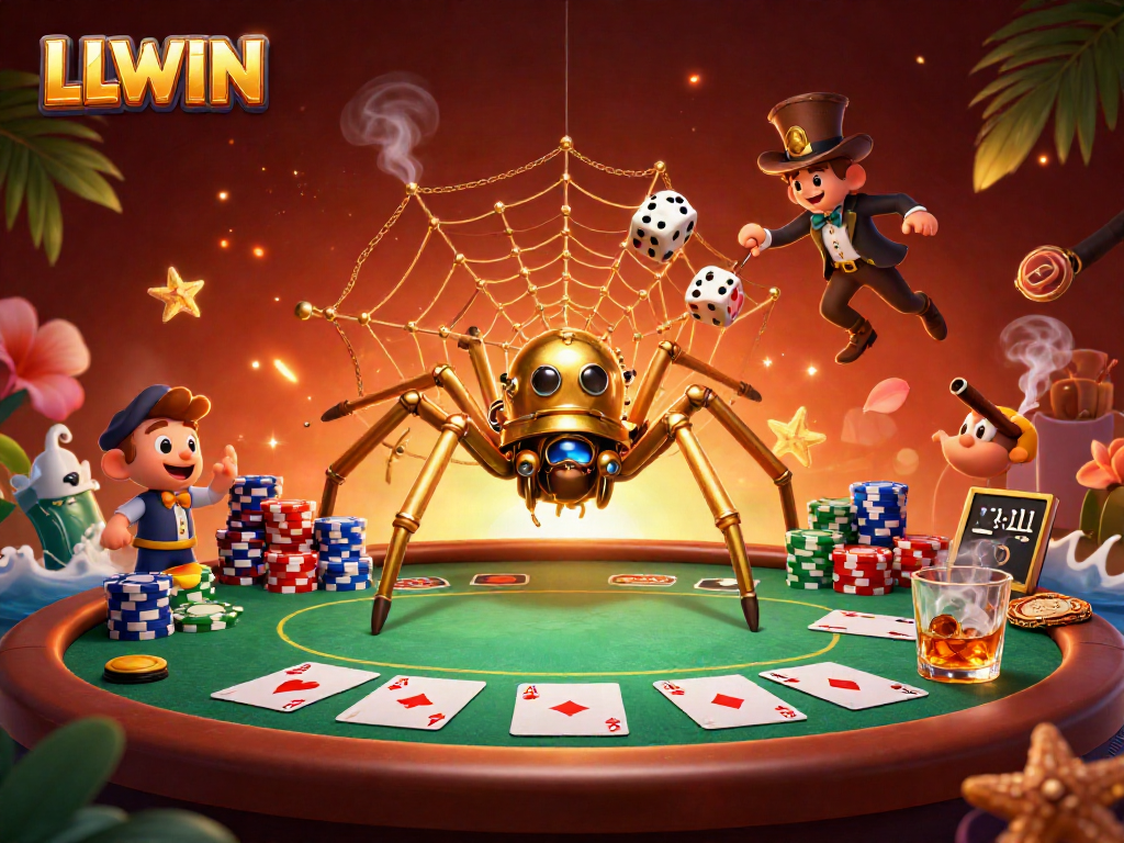 LLWIN creates excitement in a steampunk-themed casino scene with a golden spider and poker elements.