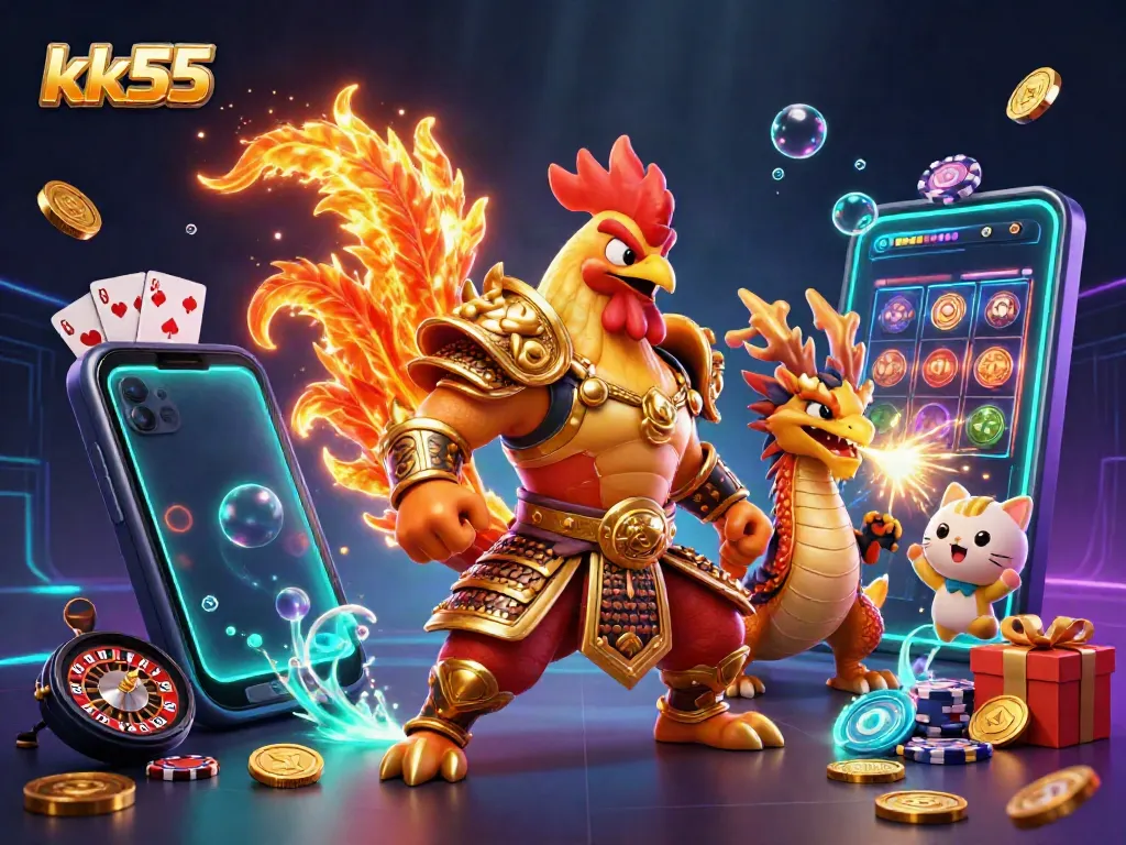 Engage in thrilling jackpots with the vibrant characters of kk55, showcasing unique slots and gaming elements.