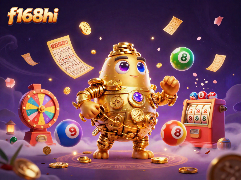 Engage with f168hi's vibrant gambling energy, action with golden golem and lottery elements.