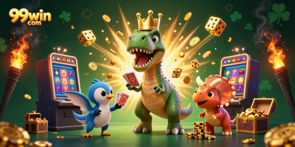 Experience thrilling gaming action with 99win com featuring vibrant slot machines and animated characters.