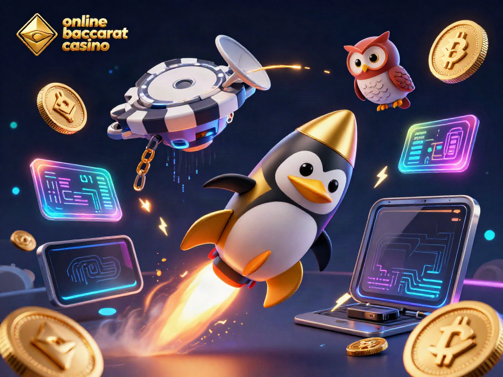 Engaging scene depicting online baccarat casino with a charismatic penguin and crypto elements.