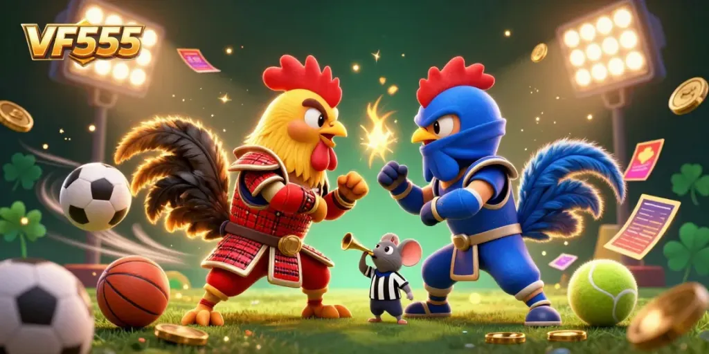 Engage in action with VF555 as fighting roosters in a dynamic casino showdown.