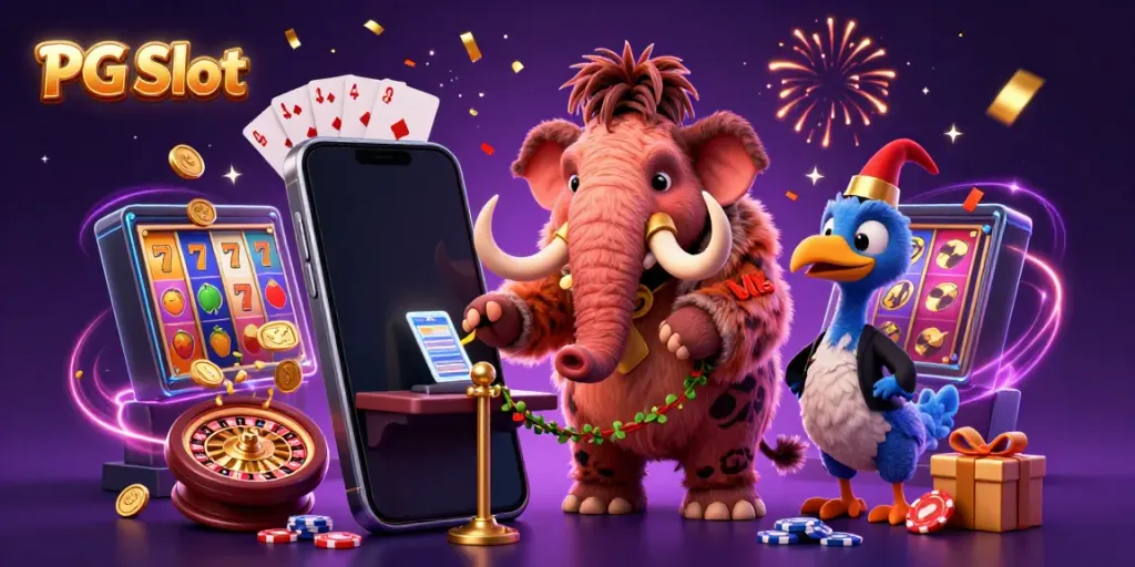 Experience the excitement of PG Slot with a vibrant 3D casino scene featuring unique characters and dynamic gaming elements.