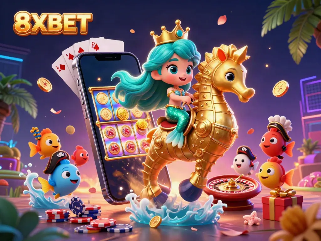 Experience the vibrant world of 8XBET with our mermaid princess illustration bringing thrilling gaming elements to life.