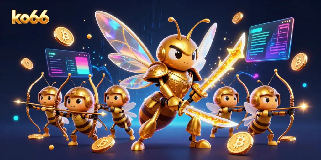 Engage in thrilling action with ko66 as a golden hornet samurai leads a bee brigade, surrounded by vibrant crypto coins.
