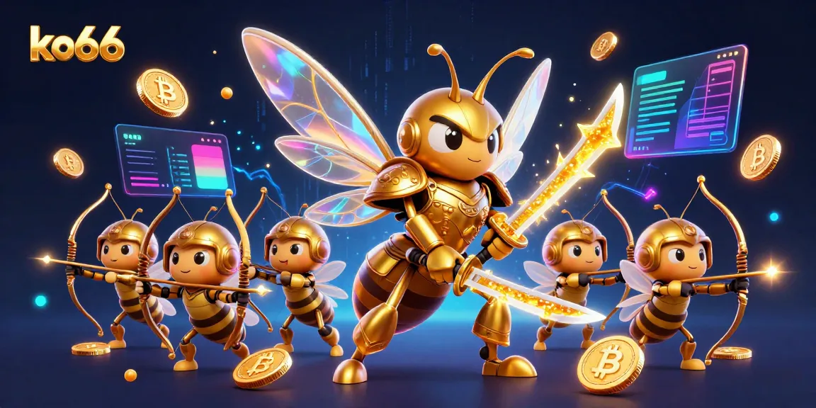 Engage in thrilling action with ko66 as a golden hornet samurai leads a bee brigade, surrounded by vibrant crypto coins.