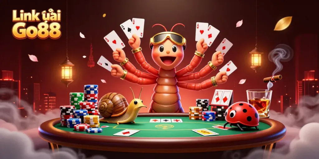Engage with Link vào Go88 through a lively casino scene featuring animated characters and vibrant game elements.