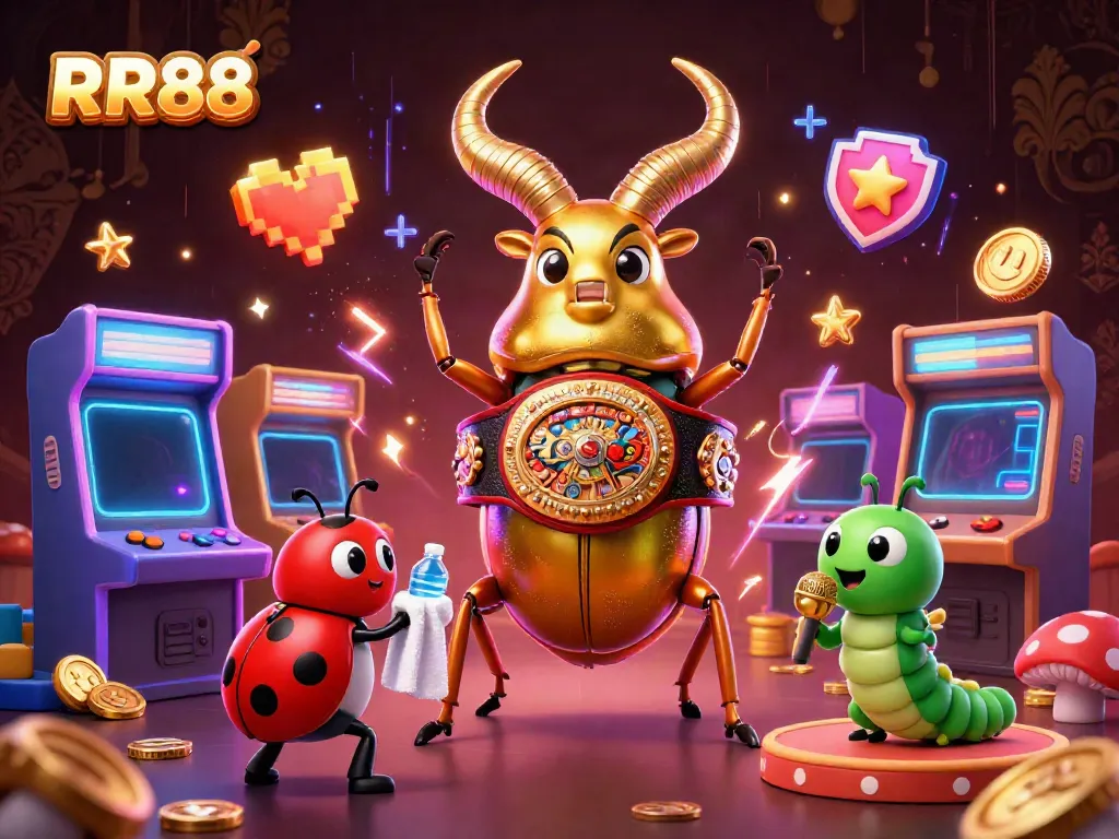 Engage with RR88 through a vibrant 3D illustration featuring a golden beetle champion in action.