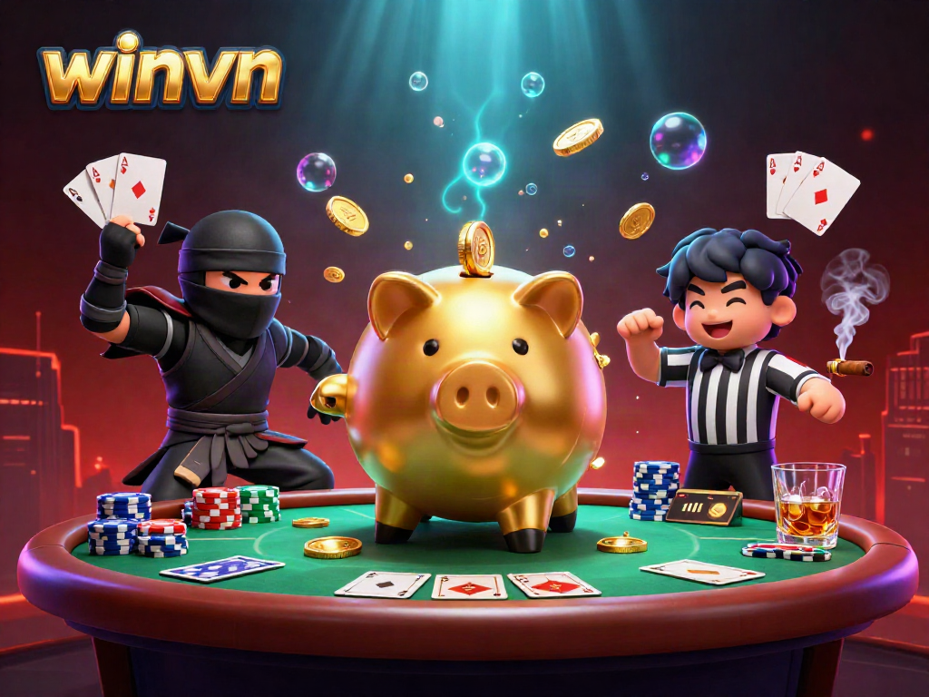 Experience thrilling gameplay at winvn with a vibrant 3D illustration of winning moments and rich casino elements.
