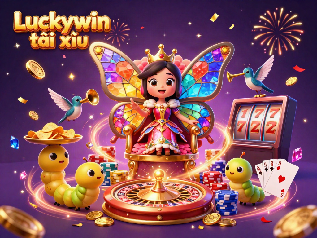 Engage with Luckywin tài xỉu in a vibrant casino scene filled with gold coins and dynamic game elements.