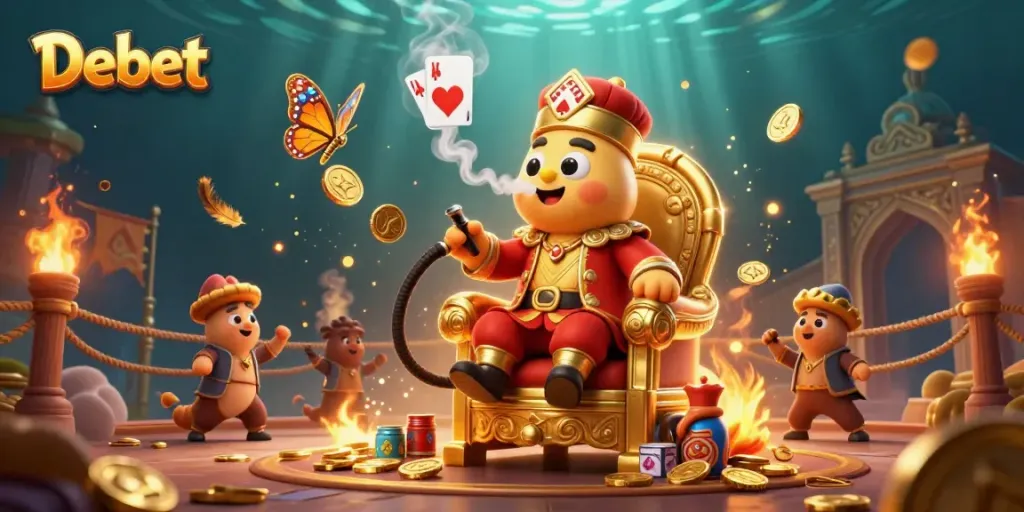 Debet showcases a vibrant casino scene with a hookah-master character amidst poker symbols and gambling elements.