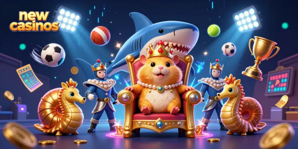 Win big at new casinos with a golden hamster king and seahorse guards in an elaborate 3D illustration.