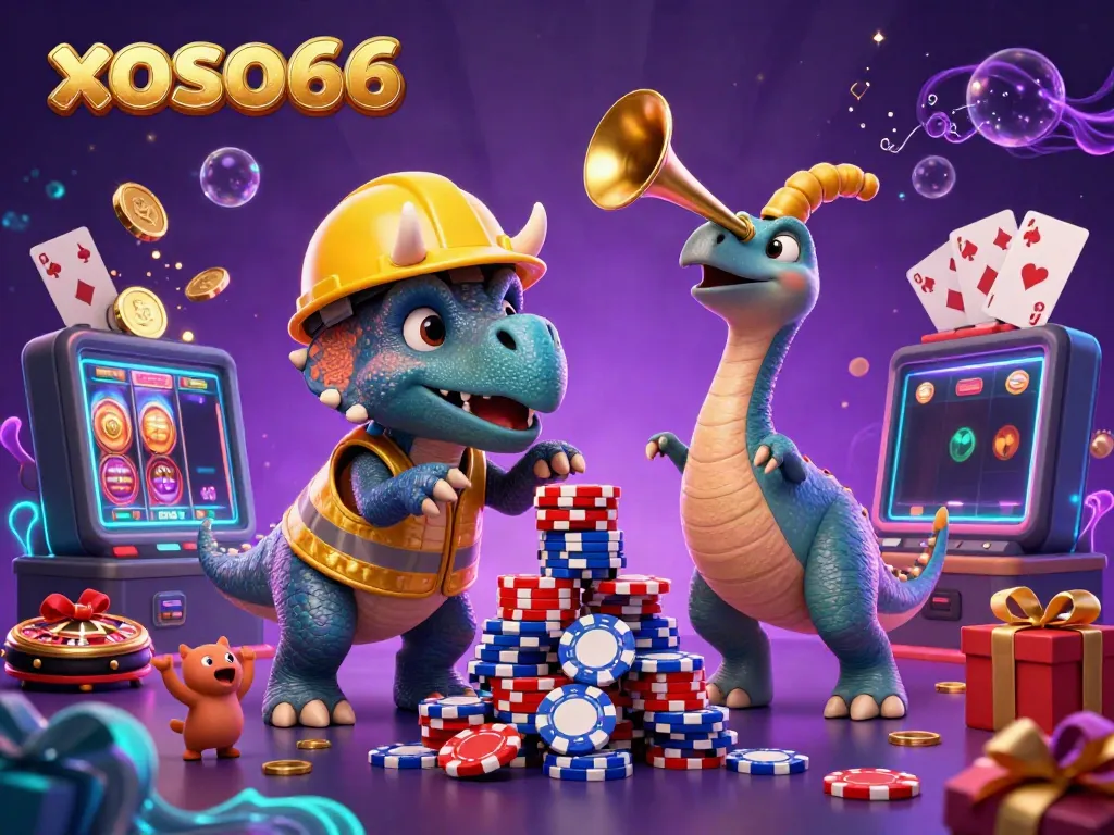 Xoso66 showcases a vibrant scene with a triceratops celebrating the excitement of online slots and promotions in a dynamic casino environment.
