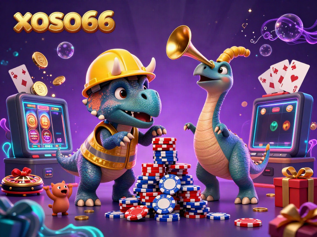 Xoso66 showcases a vibrant scene with a triceratops celebrating the excitement of online slots and promotions in a dynamic casino environment.